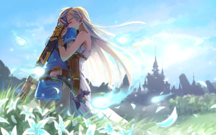 HD wallpaper from The Legend of Zelda: Breath of the Wild. Zelda and Link share a hug in a serene, grassy field with petals floating around them, the castle in the background under a bright blue sky.