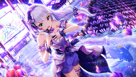 HD PC desktop wallpaper featuring Tsumugi Shiraishi from THE iDOLM@STER: Million Live! in a vibrant, detailed anime style performance scene.