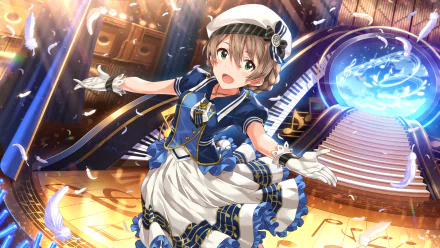 HD PC desktop wallpaper featuring Kaori Sakuramori from THE iDOLM@STER: Million Live! in a dynamic pose with a futuristic, illuminated stage background.