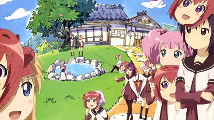 HD PC desktop wallpaper: YuruYuri anime cast in school uniforms posing cheerfully on sunny school grounds with a pond and traditional building, selfie-style group composition.