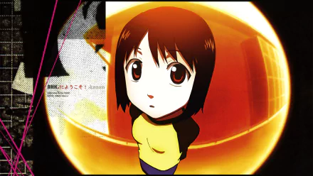 HD PC desktop wallpaper from Welcome to the N.H.K.: anime chibi girl with short brown hair and wide eyes in front of a glowing orange sphere and stylized graphic accents.