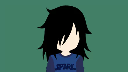 Minimalist HD anime-style wallpaper featuring Tomoko Kuroki from Watamote with black hair and a blue SPARK shirt on a green background.
