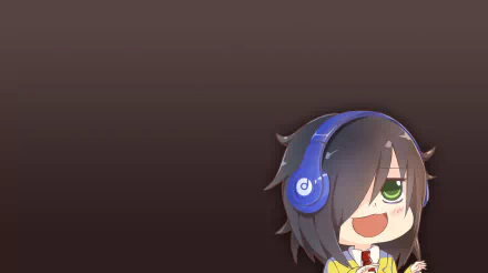 HD anime desktop wallpaper featuring Tomoko Kuroki from Watamote with her signature dark hair and blue headphones against a simple brown background.