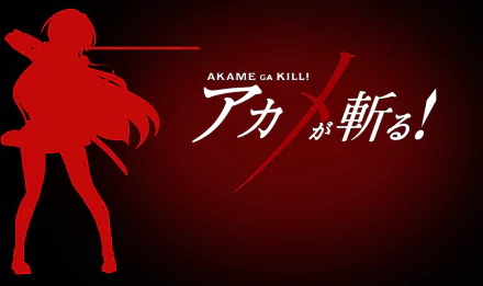 HD PC desktop wallpaper featuring a red silhouette of an Akame ga Kill! anime character with the series title in bold white and red text on a dark background.
