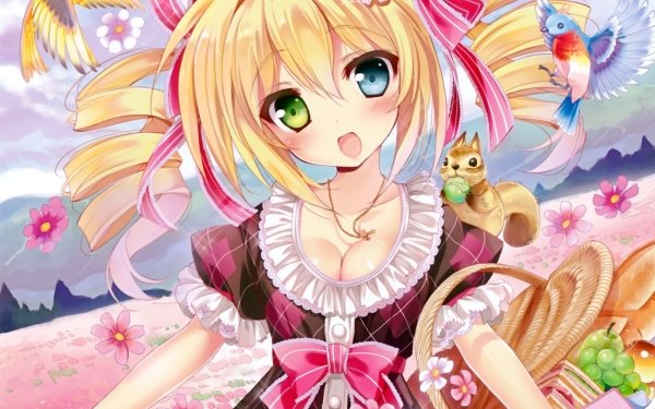 Anime Original Blonde Smile Heterochromia Flower Hat bow Blush Bird Squirrel Basket Twintails HD Wallpaper | Background Image