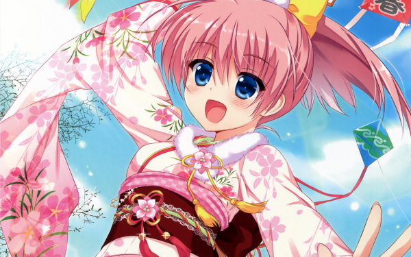 Anime Original Kimono bow Smile Blush Pink Hair Flower Blue Eyes Kite Noble Works! Kunihiro Hinata HD Wallpaper | Background Image