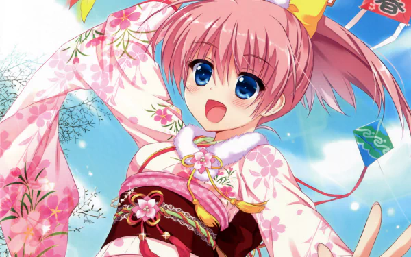Kunihiro Hinata Noble Works! kite blue eyes flower pink hair blush smile bow (Clothing) kimono Anime Original HD Desktop Wallpaper | Background Image