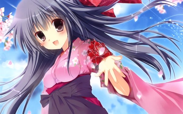 Anime Original Long Hair Smile Kimono Cherry Blossom Blush Black Hair Flower Brown Eyes HD Wallpaper | Background Image