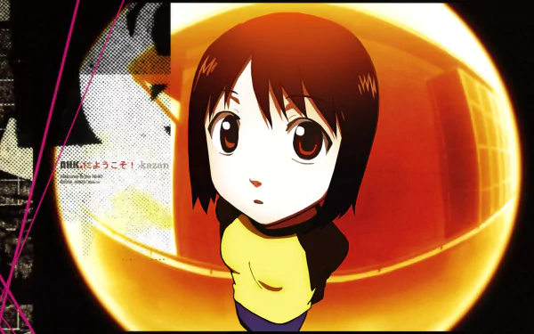 HD PC desktop wallpaper from Welcome to the N.H.K.: anime chibi girl with short brown hair and wide eyes in front of a glowing orange sphere and stylized graphic accents.