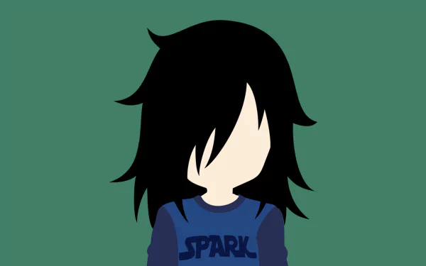 Minimalist HD anime-style wallpaper featuring Tomoko Kuroki from Watamote with black hair and a blue SPARK shirt on a green background.