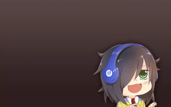 HD anime desktop wallpaper featuring Tomoko Kuroki from Watamote with her signature dark hair and blue headphones against a simple brown background.