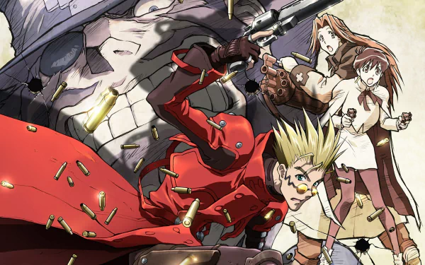 HD PC desktop wallpaper featuring dynamic anime characters from Trigun in action, with vibrant colors and intense energy capturing the series' iconic style.