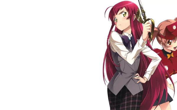 HD PC desktop wallpaper showing Emi Yusa and Chiho Sasaki from the anime The Devil Is a Part-Timer!, posed at the right with ample white space for icons.