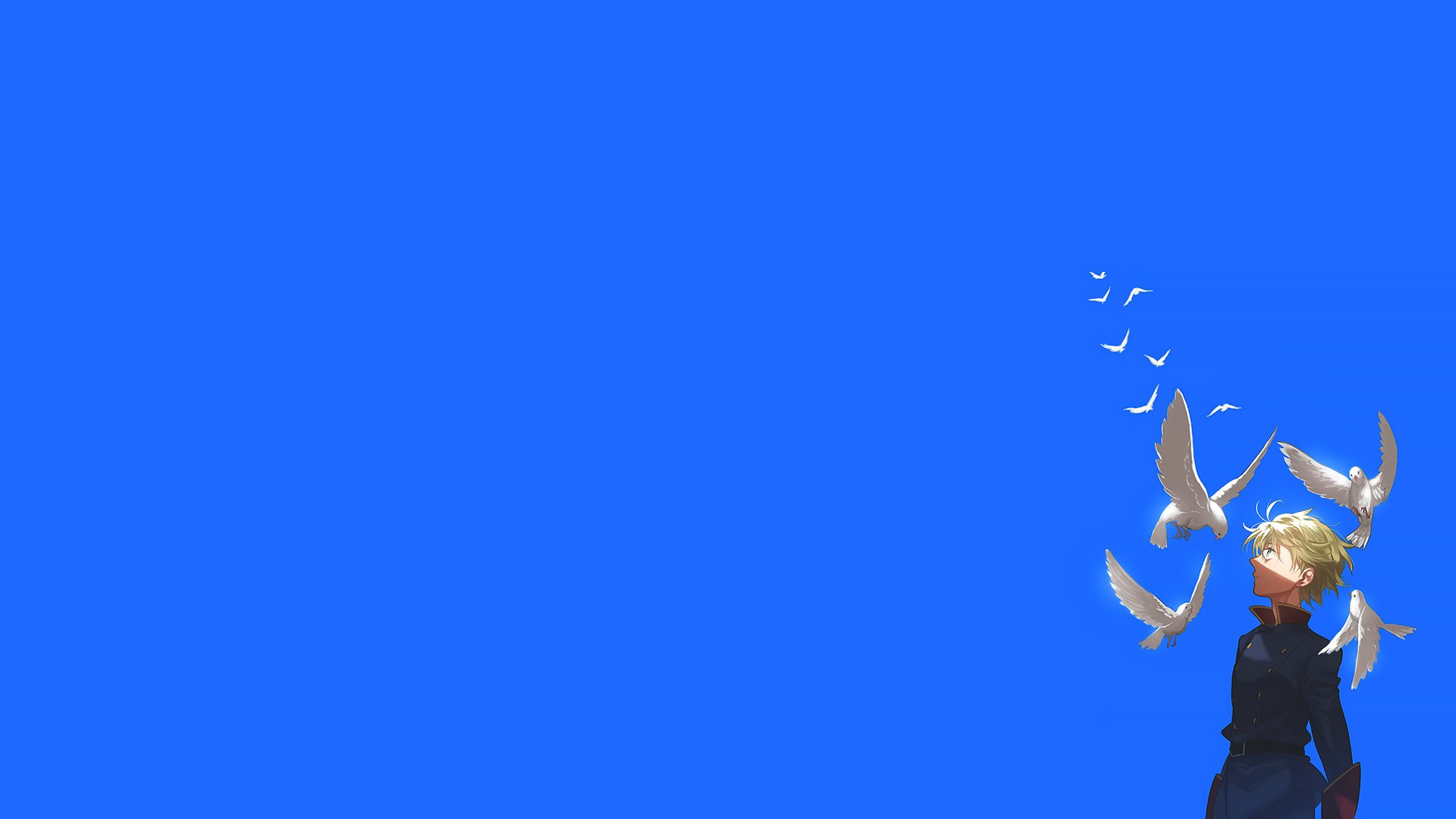 HD PC desktop wallpaper from Aldnoah.Zero: an anime character at the right with white birds rising against a vivid blue background.