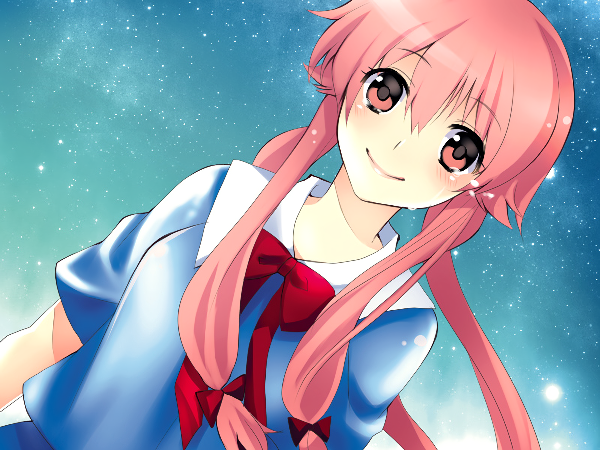 A vibrant HD desktop wallpaper featuring Yuno Gasai from the anime Mirai Nikki, showcasing her signature pink hair and cheerful expression against a cosmic background.