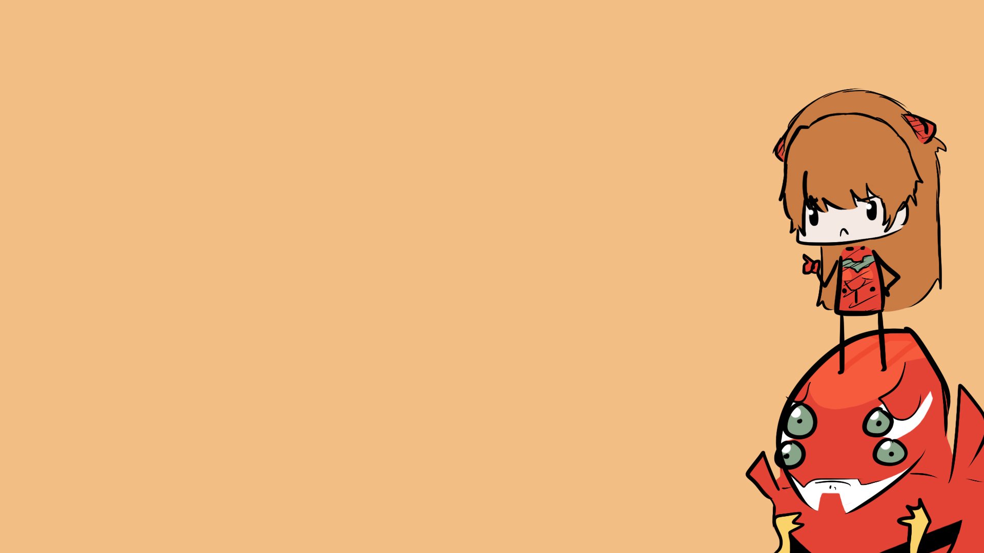 HD PC desktop wallpaper featuring a chibi-style Asuka Langley Sohryu from Neon Genesis Evangelion against a solid beige background.