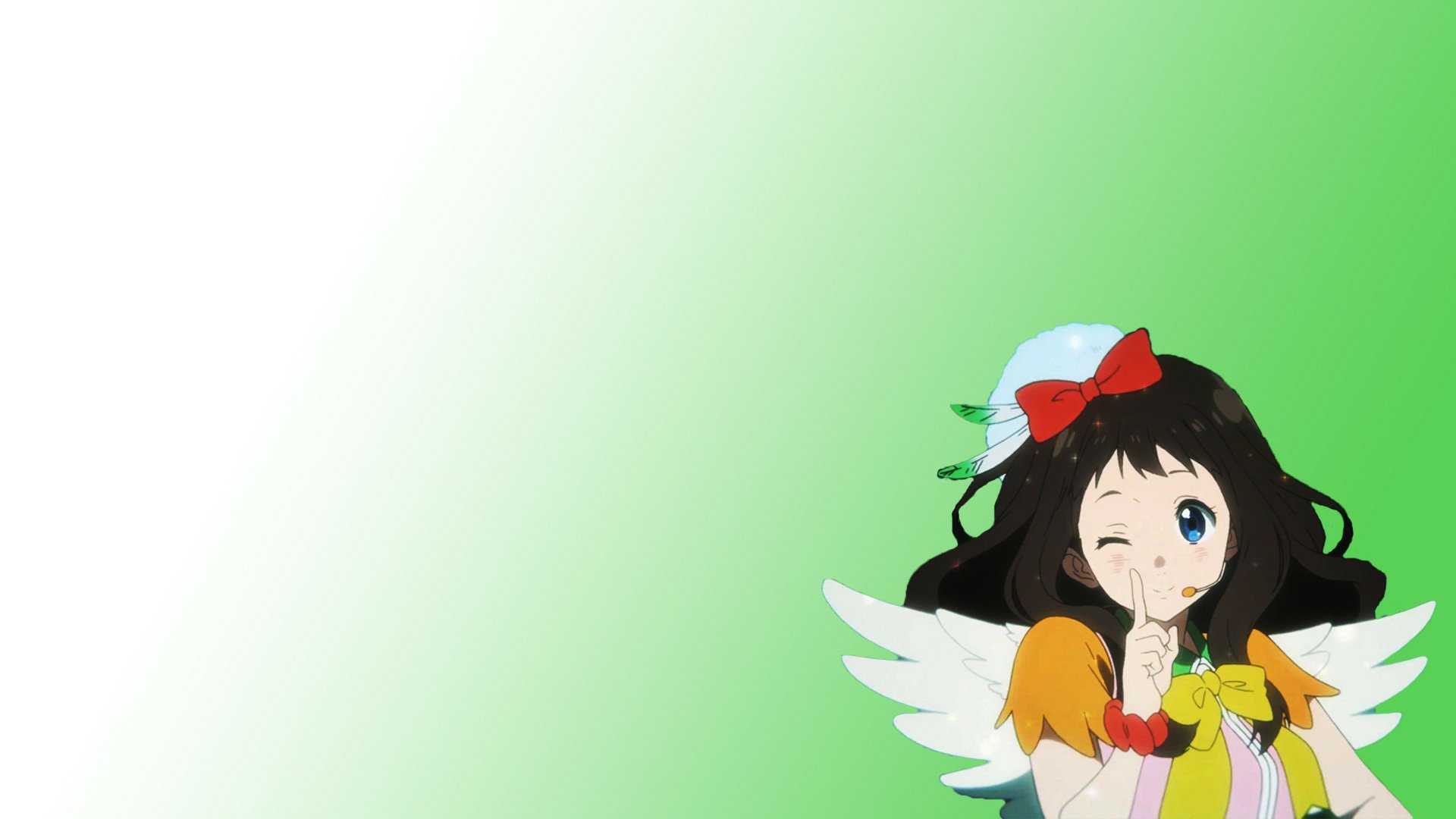 Anime HD PC desktop wallpaper (Beyond the Boundary): winged girl with red bow winking and shushing against a soft green gradient background.