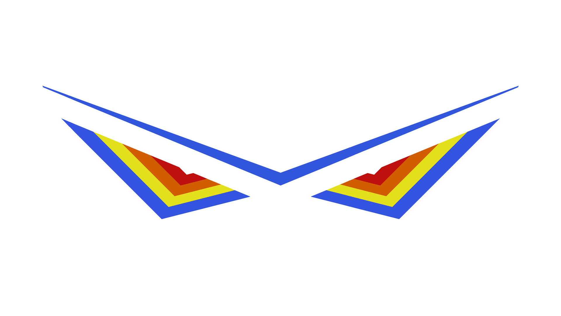 HD PC desktop wallpaper background: minimalist Kill La Kill anime–inspired stylized angular eye motif — symmetrical blue, red, yellow layered shapes on white.