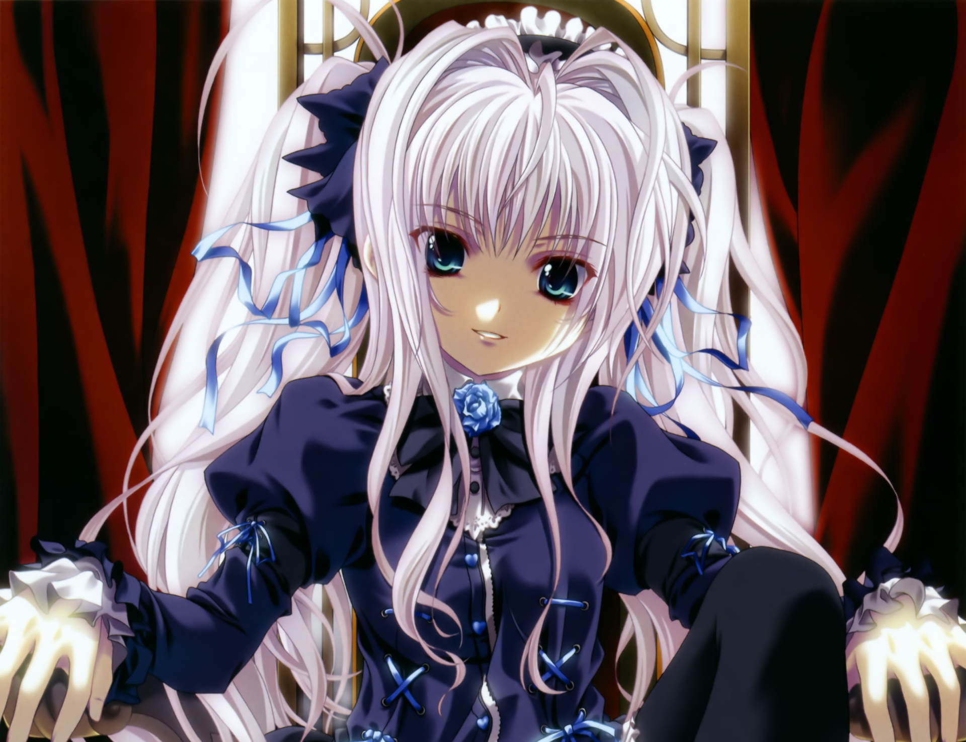 Anime-style original character with long white twintails, green eyes, a gentle smile, wearing a dark outfit with a bow and blue flower accessory against a dramatic background.