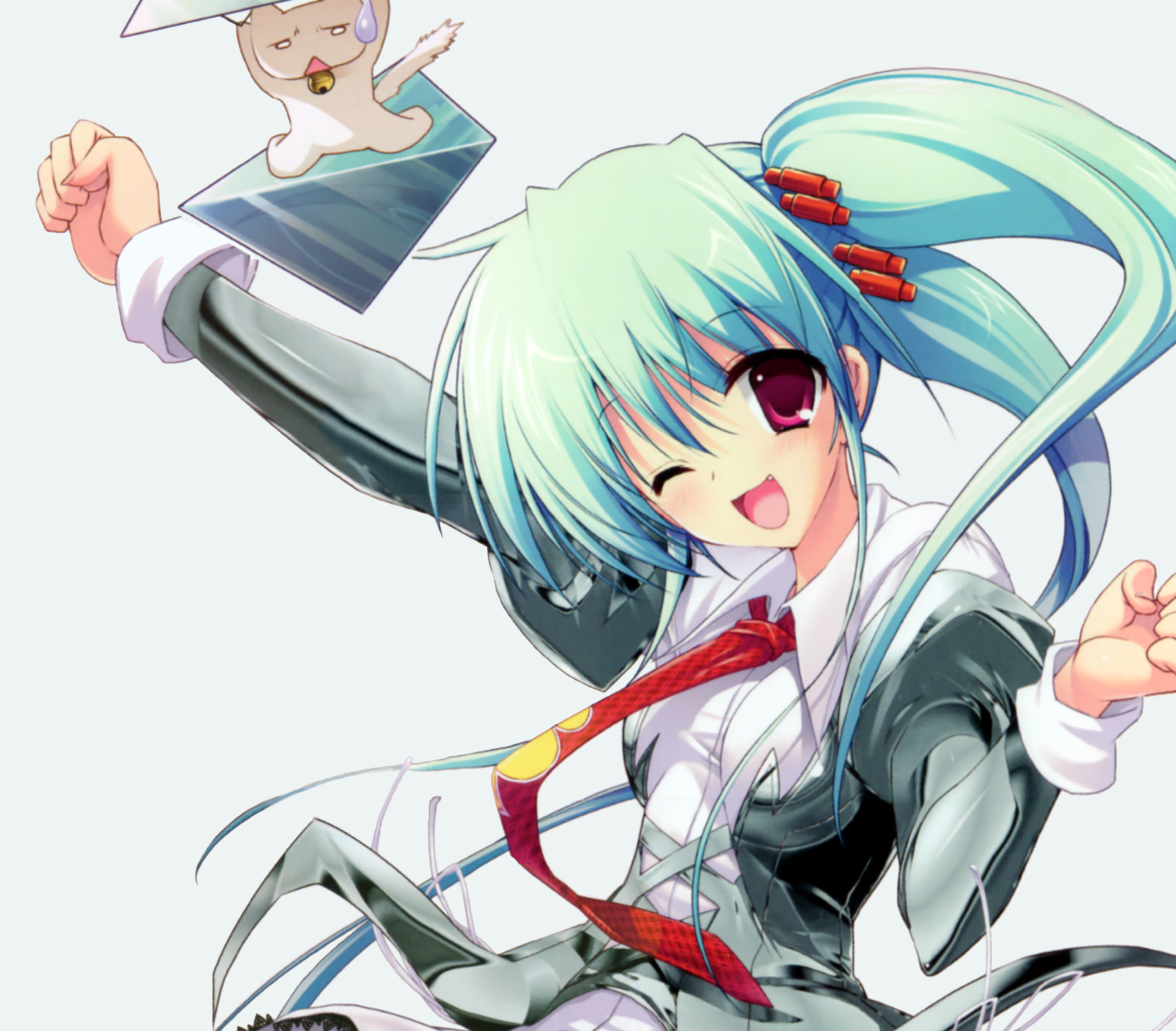 Original anime HD wallpaper: smiling, winking girl with long green twintails, red eyes and blush, wearing a tie and playful cat accessory.