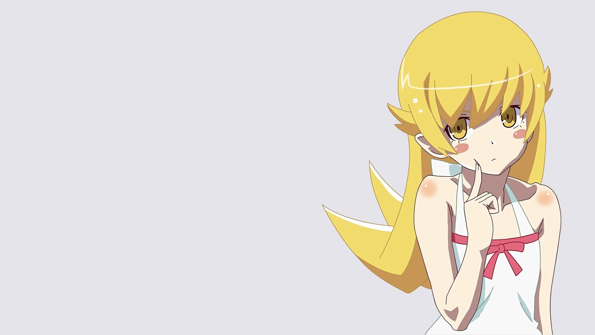 4K Ultra HD anime wallpaper featuring a character from the Monogatari series with blonde hair and a playful expression on a light gray background.
