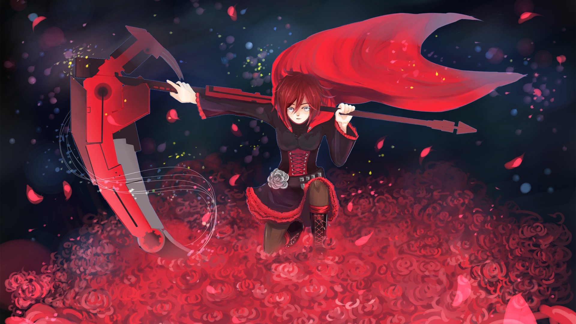 Anime-style RWBY character wielding a large weapon, surrounded by swirling red petals, designed as an HD PC desktop wallpaper and background.