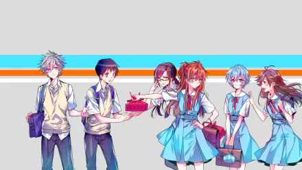 HD anime desktop wallpaper featuring Kaworu Nagisa, Mari Makinami Illustrious, Shinji Ikari, Rei Ayanami, and Asuka Langley Sohryu in school uniforms from Evangelion: 3.0 You Can (Not) Redo.