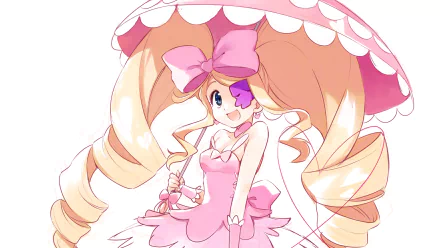 HD PC desktop wallpaper featuring Nui Harime (Kill la Kill) — anime portrait of her in a pink frilly dress with oversized bow and parasol, long blonde twin tails and a playful smile.