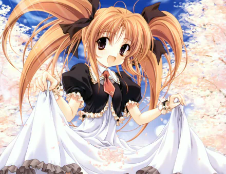 blush bow (Clothing) long hair cherry blossom tie petal flower smile brown eyes blonde twintails Anime Original HD Desktop Wallpaper | Background Image