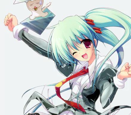 Original anime HD wallpaper: smiling, winking girl with long green twintails, red eyes and blush, wearing a tie and playful cat accessory.