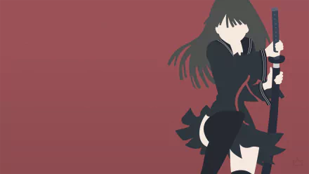 A minimalist anime design featuring a character with long brown hair, dressed in a skirt and thigh highs, wielding a katana against a simple red background, inspired by Black Bullet.