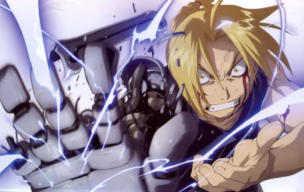 HD desktop wallpaper featuring Edward Elric from the anime Fullmetal Alchemist, showcasing his intense expression and dynamic pose with electric energy erupting from his automail arm.