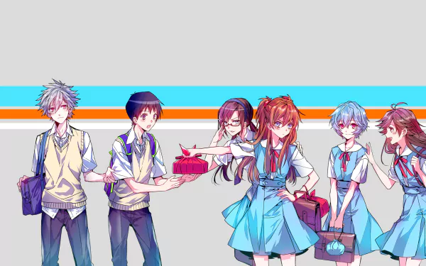 school uniform Kaworu Nagisa Mari Makinami Illustrious Shinji Ikari Rei Ayanami Asuka Langley Sohryu Anime Evangelion: 3.0 You Can (Not) Redo HD Desktop Wallpaper | Background Image