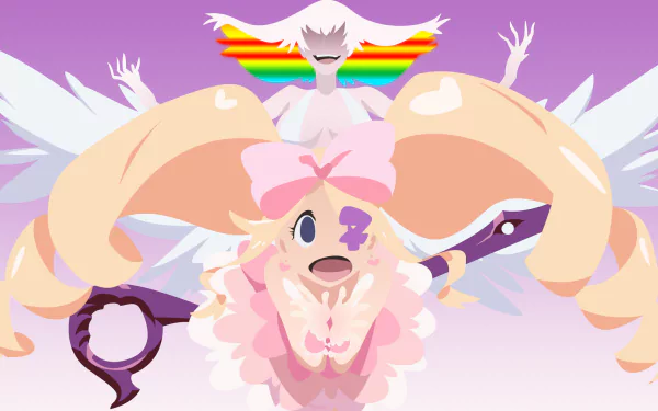 HD anime Kill la Kill wallpaper: Nui Harime in pink twin drills and bow wielding scissors, with Ragyō Kiryūin towering behind in white hair, rainbow aura and wings.