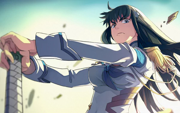 HD desktop wallpaper featuring Satsuki Kiryūin from the anime Kill La Kill, depicted in a dynamic pose with a determined expression and sword in hand.