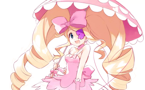 HD PC desktop wallpaper featuring Nui Harime (Kill la Kill) — anime portrait of her in a pink frilly dress with oversized bow and parasol, long blonde twin tails and a playful smile.