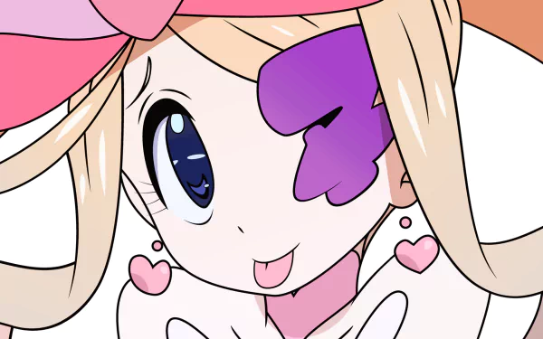 HD anime desktop wallpaper: close-up of Nui Harime from Kill La Kill, grinning with tongue out, heart earrings and a purple eye mark, soft pastel pink and cream color palette.