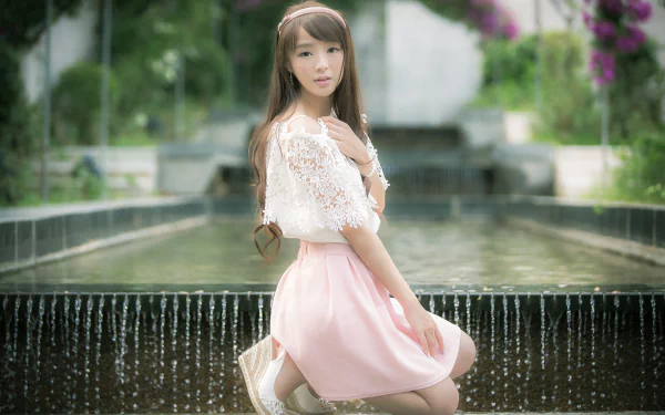 fountain summer Chinese asian model woman Jancy Wong HD Desktop Wallpaper | Background Image