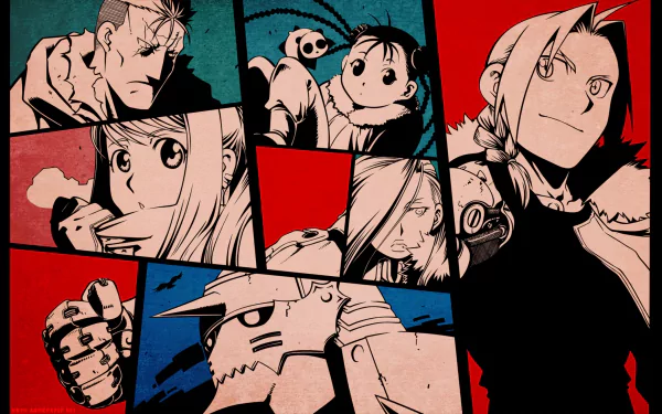 HD wallpaper featuring vibrant, comic-style illustrations of characters from Fullmetal Alchemist: Shao May, May Chang, Olivier Mira Armstrong, Alphonse Elric, Winry Rockbell, Scar, and Edward Elric.