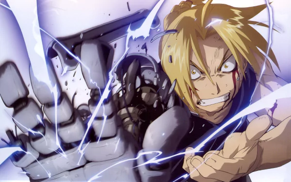 HD desktop wallpaper featuring Edward Elric from the anime Fullmetal Alchemist, showcasing his intense expression and dynamic pose with electric energy erupting from his automail arm.