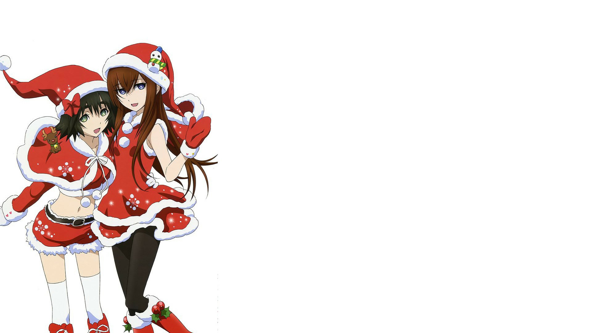 Anime HD PC desktop wallpaper featuring two Steins;Gate characters dressed in festive Santa Claus outfits.