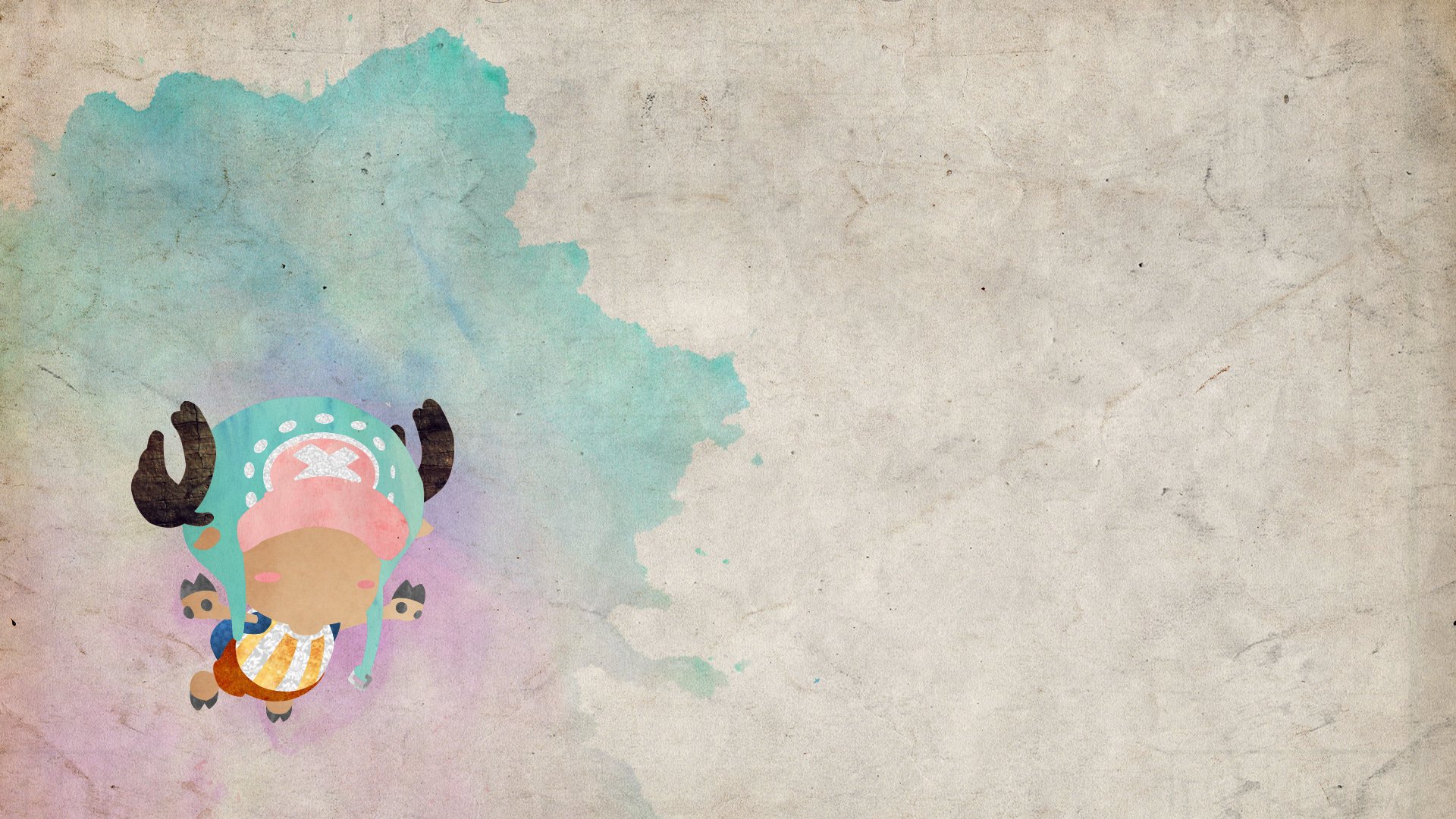 HD PC desktop wallpaper featuring a watercolor-style anime character from One Piece against a textured, light beige background with soft blue and purple hues.