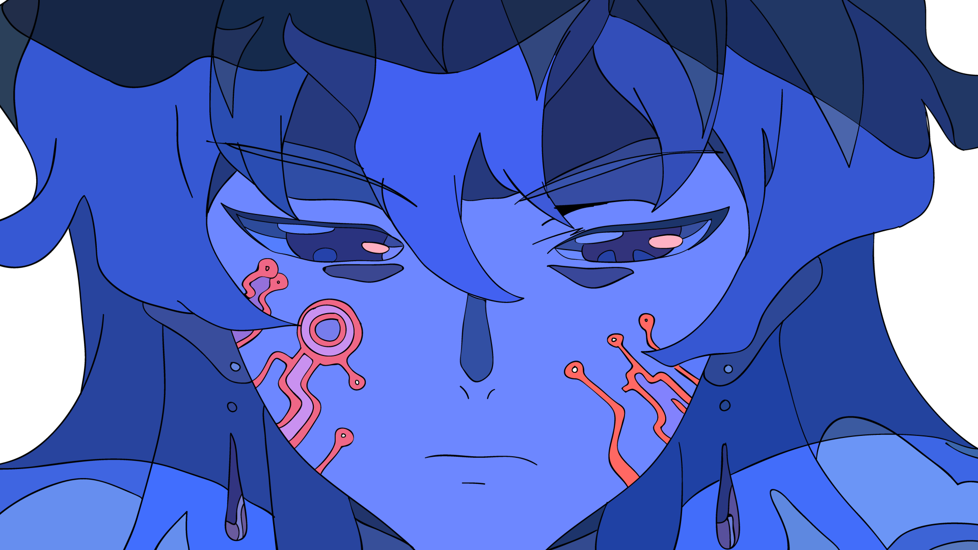 4K Ultra HD PC desktop wallpaper of an anime character from Tengen Toppa Gurren Lagann: blue-hued close-up with glowing red circuit-like facial markings and intense, focused eyes.