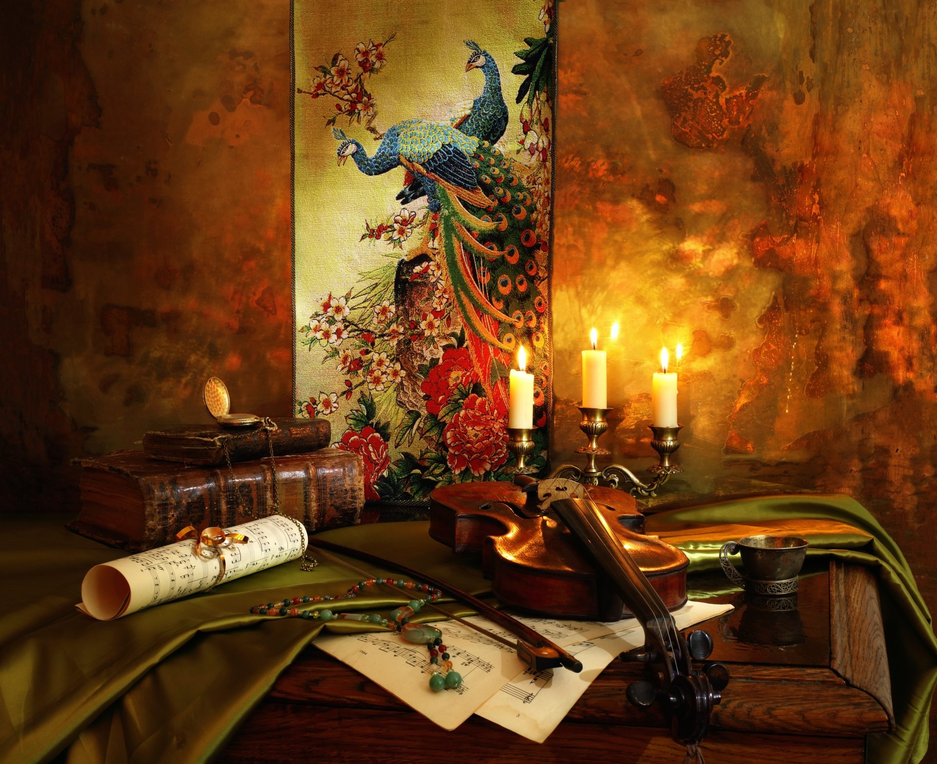 A 4K Ultra HD still life featuring a pocket watch, violin, sheet music, book, and lit candle against a textured warm-toned backdrop.