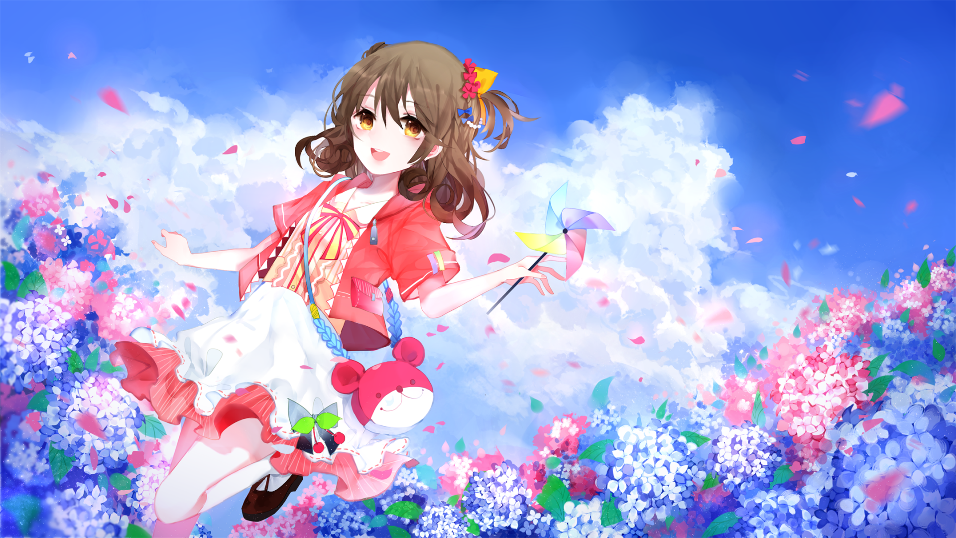 Vibrant anime-style HD desktop wallpaper featuring a cheerful girl in a red outfit surrounded by colorful flowers under a bright blue sky with fluffy clouds.
