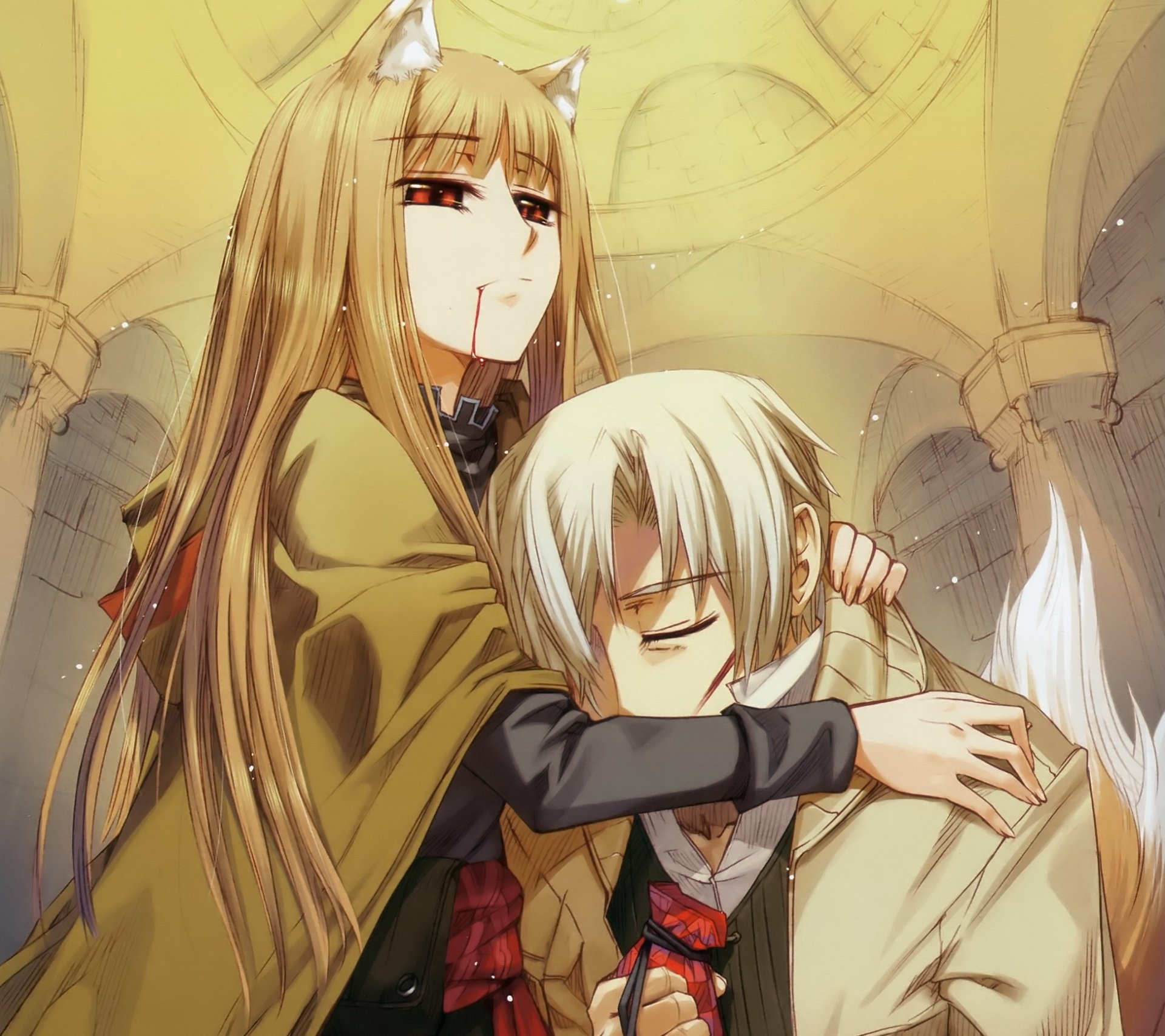 HD anime wallpaper featuring Kraft Lawrence and Holo from Spice and Wolf in an intimate embrace within an arched stone hallway.