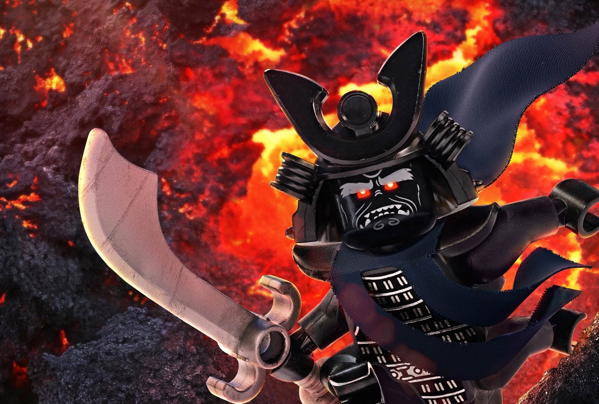 HD desktop wallpaper featuring a fierce LEGO samurai warrior from The Lego Ninjago Movie against a fiery volcanic background.