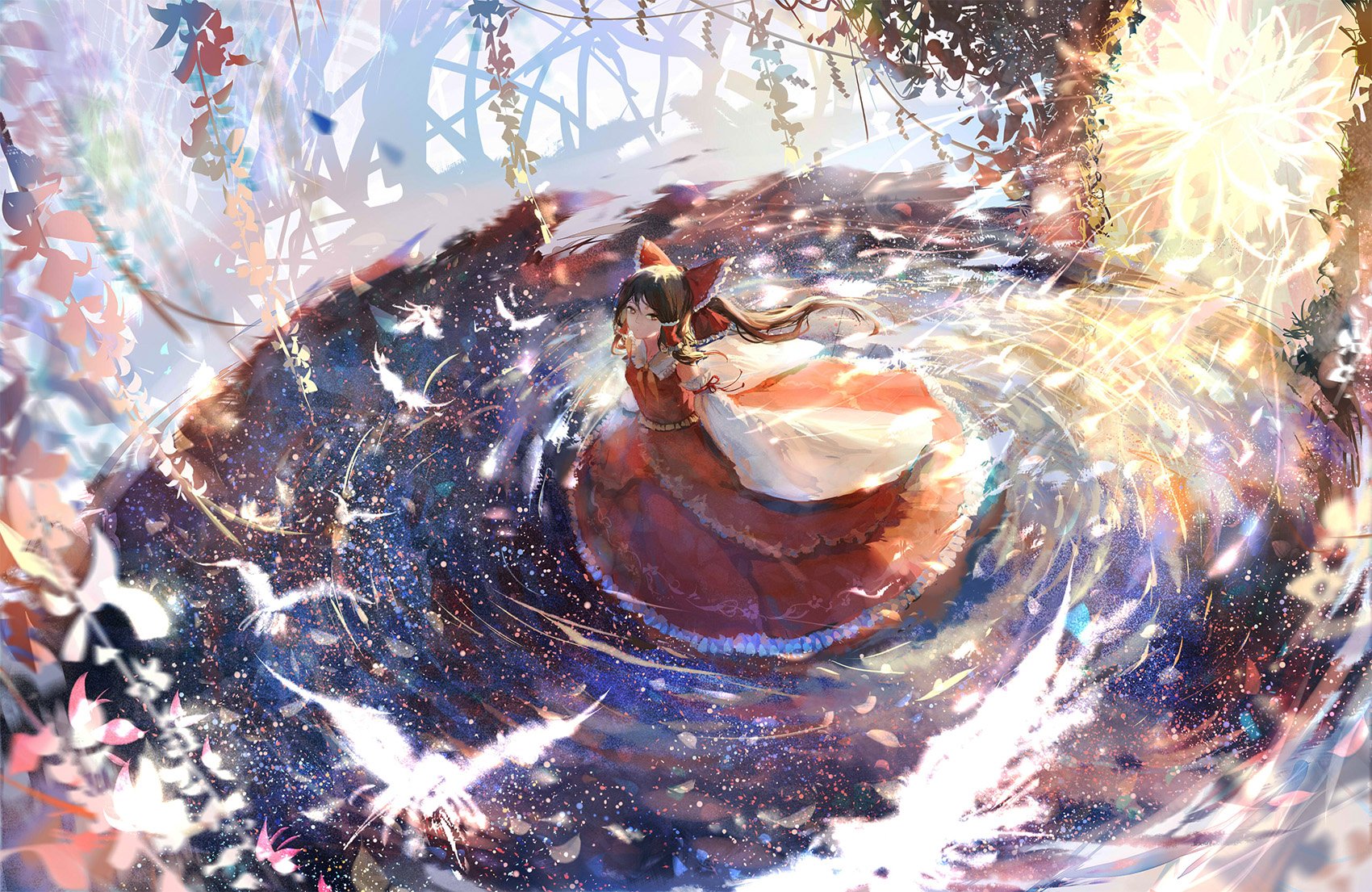 HD anime desktop wallpaper featuring Reimu Hakurei from Touhou, surrounded by swirling colors and glowing birds in a dynamic, magical scene.