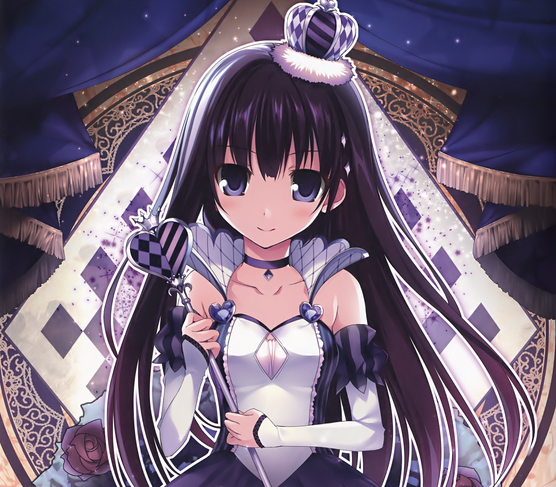 Anime-style Queen of Hearts from Alice in Wonderland, featured in a detailed HD desktop wallpaper with dark and elegant design elements.