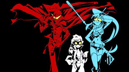 HD desktop wallpaper featuring bold red, blue, and white silhouettes of characters from the anime Tengen Toppa Gurren Lagann, set against a black background.